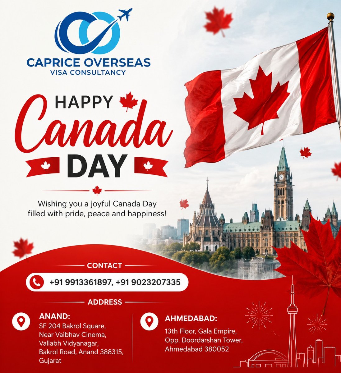 Capriceoverseas's tweet photo. Celebrating the Spirit of Canada.
Happy Canada Day! 
Wishing you pride, peace, prosperity, and new opportunities. 

#CapriceOverseas #HappyCanadaDay #CanadaDay  #StudyInCanada  #VisitorVisa #VisaConsultant #TravelAbroad #Trending #FYP #Viral https://t.co/atThtWjS7R