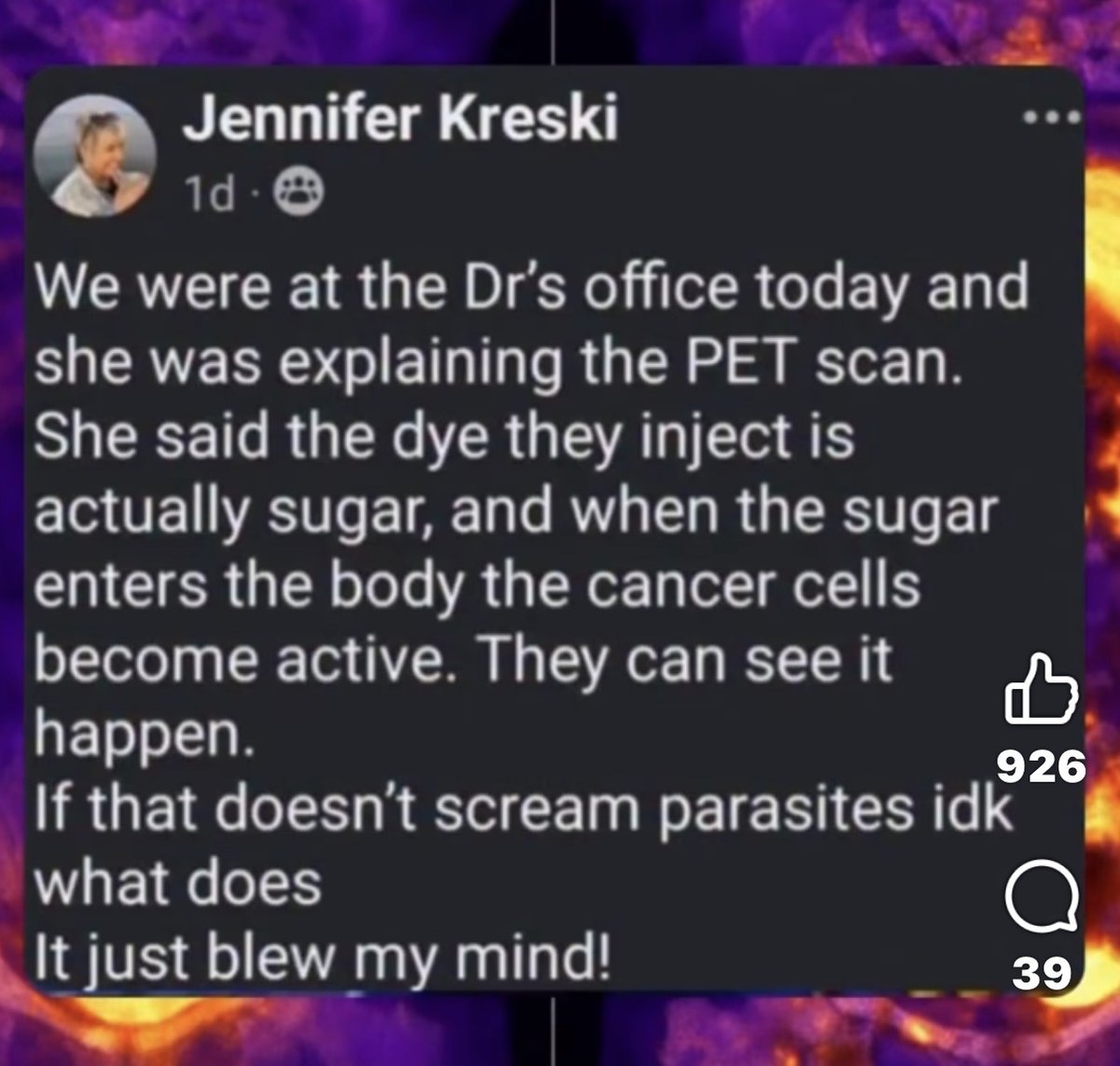 BabyD1111229's tweet photo. We were at the Dr's office today and she was explaining the PET scan.

She said the dye they inject is actually sugar, and when the sugar enters the body the cancer cells become active. 

They can see it happen.

If that doesn't scream parasites idk what does
It just blew my mind!

Mind blowing 🤯 

Parasites love sugar 😆
#truth