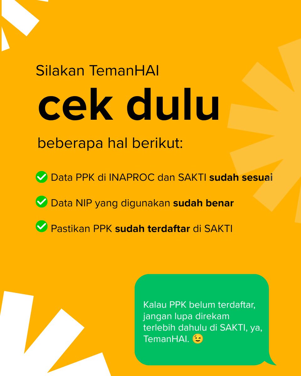 haiDJPb's tweet photo. 🚨 PPK tidak ditemukan di INAPROC?

Tenang, TemanHAI. Kendala ini umumnya disebabkan oleh data PPK yang belum sesuai atau belum terdaftar pada sistem.

Yuk, cek penyebab dan langkah yang perlu dilakukan pada konten berikut agar proses dapat berjalan lancar. https://t.co/cjicdtBXVv