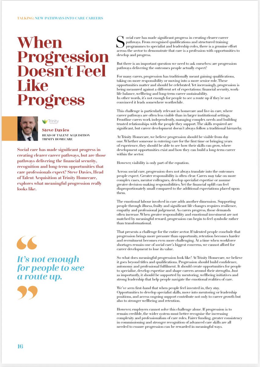 CareTalkMag's tweet photo. In this issue: 𝐖𝐡𝐞𝐧 𝐏𝐫𝐨𝐠𝐫𝐞𝐬𝐬𝐢𝐨𝐧 𝐃𝐨𝐞𝐬𝐧'𝐭 𝐅𝐞𝐞𝐥 𝐋𝐢𝐤𝐞 𝐏𝐫𝐨𝐠𝐫𝐞𝐬𝐬

#SocialCare has made progress on career pathways, but are they delivering the pay, recognition &amp; opportunities care professionals expect?@TrinityCareUK 

https://t.co/1KolGcCoNj PG 16 https://t.co/MSlUxhRQ86