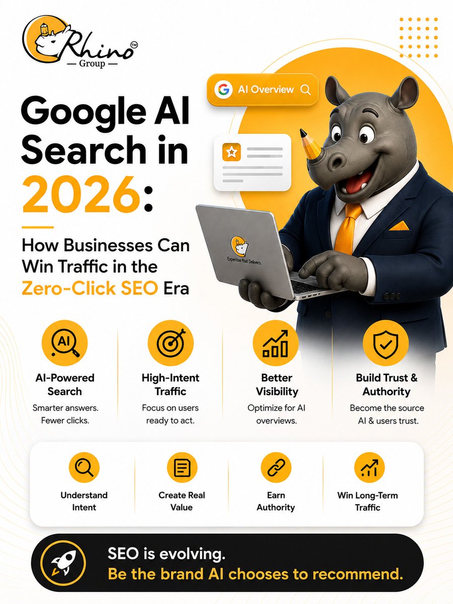 Rhinotechupdate's tweet photo. Google AI Search in 2026: How Businesses Can Win Traffic in the Zero-Click SEO Era 🦏✨

Read the full article here:
https://t.co/RShnNhGMOT

#GoogleAI #SEO2026 #DigitalMarketing #SEOTrends #ZeroClickSearch #ContentStrategy #OnlineGrowth #RhinotechMedia https://t.co/iwXTOtkFr0