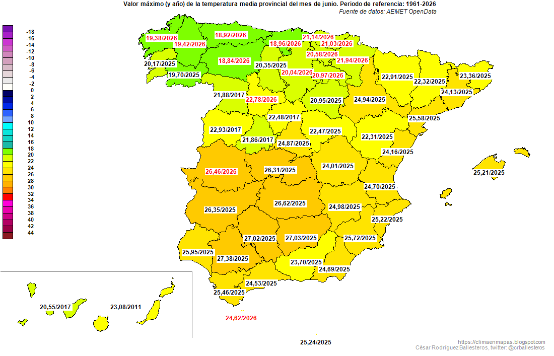 crballesteros's tweet photo. Añadidos a los #MapasProvinciales de temperatura del mes de junio los correspondientes a 2026 y actualizadas las #Efemérides desde 1961. Ha sido el más cálido en buena parte del norte peninsular.
https://t.co/bgp3UEivlj https://t.co/qv3lrz3jUn