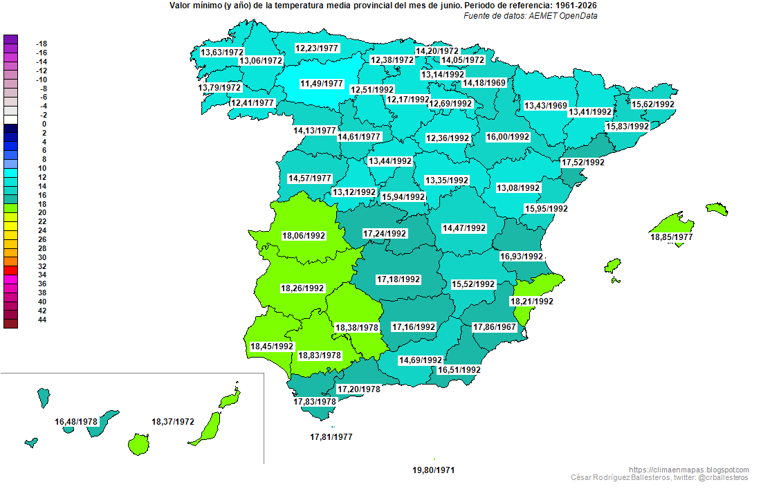 crballesteros's tweet photo. Añadidos a los #MapasProvinciales de temperatura del mes de junio los correspondientes a 2026 y actualizadas las #Efemérides desde 1961. Ha sido el más cálido en buena parte del norte peninsular.
https://t.co/bgp3UEivlj https://t.co/qv3lrz3jUn