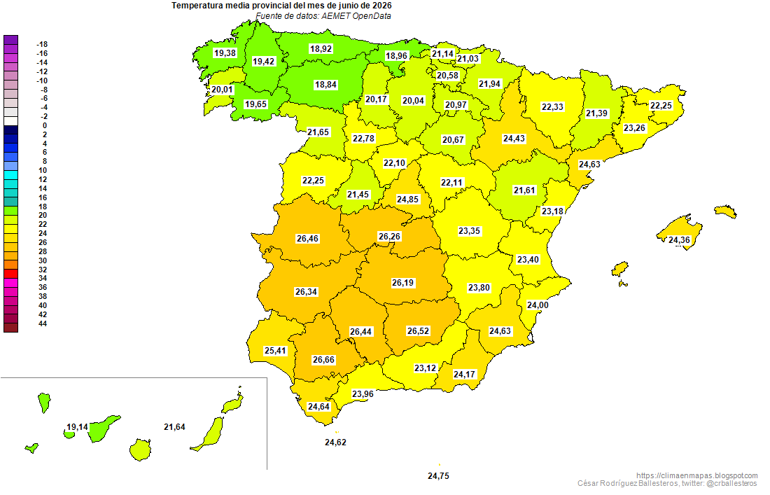 crballesteros's tweet photo. Añadidos a los #MapasProvinciales de temperatura del mes de junio los correspondientes a 2026 y actualizadas las #Efemérides desde 1961. Ha sido el más cálido en buena parte del norte peninsular.
https://t.co/bgp3UEivlj https://t.co/qv3lrz3jUn