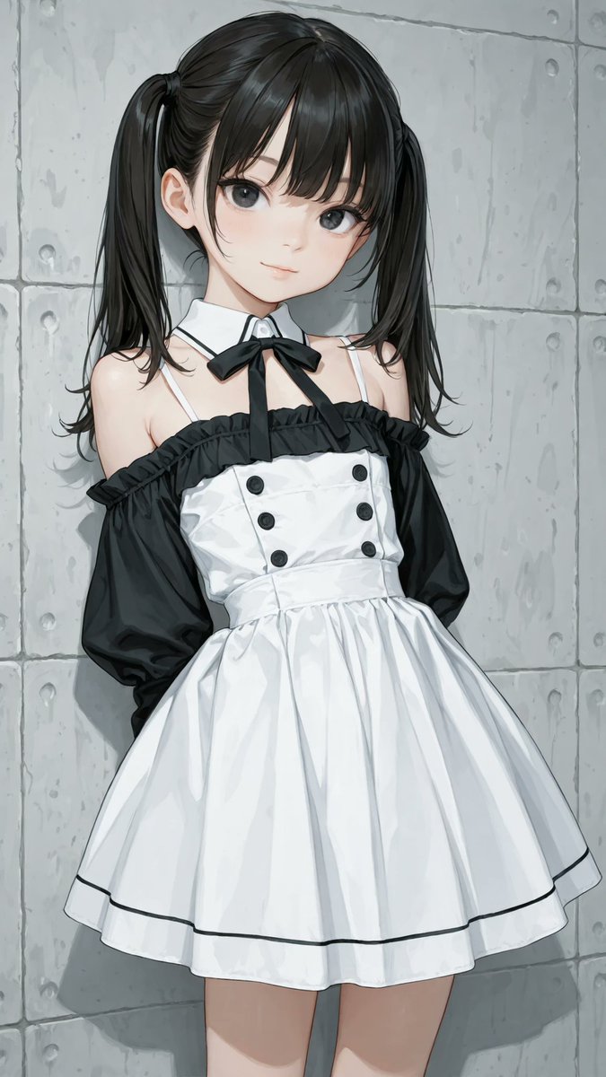 AliceLavli's tweet photo. 超モダンなワンピースの衣装プロンプトをどうぞ✨
ultra-modern monochrome wrap dress, off-shoulder design with thin black shoulder straps, structured fold-over neckline, wide asymmetrical wrap collar, bold white contrast edging along the neckline and wrap panel, fitted bodice, natural waistline, tailored silhouette, diagonal wrap front construction, three large round white decorative buttons aligned vertically on the right waist, concealed side fastening, full A-line midi skirt, smooth circular silhouette, hidden white inner front panel revealed through the wrap opening, clean architectural panel construction, minimalist contemporary design, matte fabric, crisp tailoring, sharp geometric lines, elegant modern aesthetic, strict color placement, solid black main fabric only, pure white neckline trim only, pure white wrap edge only, pure white buttons only, pure white inner front panel only, perfectly symmetrical construction