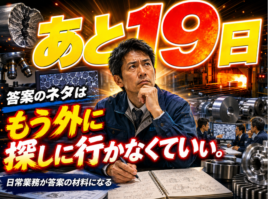 pe_metals_O's tweet photo. 技術士第二次試験まで、あと19日。

ここからは
「何を書けばいいか」を探す時期ではなく、
「自分の経験をどう答案に表現するか」を磨く時期です。

金属部門の答案に必要なのは、
きれいな一般論だけではありません。
・材料を選んだこと  
・不具合の原因を考えたこと  
・破損や品質問題に真正面から向き合ったこと 
・ 熱処理・加工・検査・コスト・納期・安全の間で悩んだこと  
・関係者と調整しながら最善策を探したこと

こうした一つひとつの経験が、技術士答案の強固な土台になります。

想定外のテーマが出たとしても、
自分の経験に引き寄せて考えることは十分可能です。

大切なのは、
「特別な経験」を書くことではなく、
「技術者としてどう考え、どう判断したか」を伝えることです。

残り19日。
新しいネタを探し続けるよりも、
これまでの自分の仕事を、技術士の言葉に変えていくことに集中しましょう。

あなたの日常業務は、すでに答案の立派な材料です。

金属部門に挑戦する皆さんを、
金属部会は最後まで全力で応援しています！

#技術士 #技術士試験 #技術士第二次試験 #金属部門