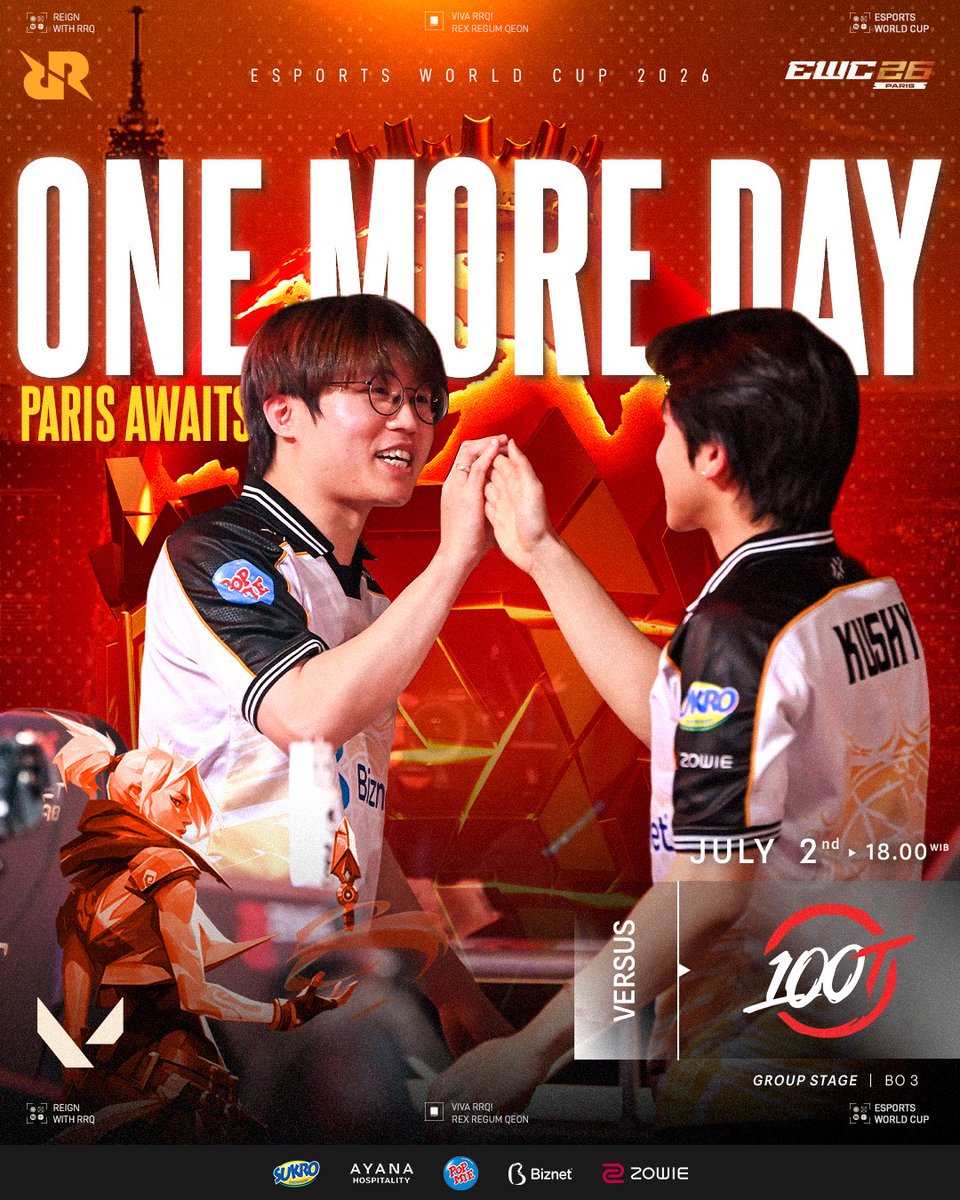 teamrrqofficial's tweet photo. The wait is over. 
Tomorrow marks our first match at @EWC_EN 2026. 🇫🇷 
We’re set to battle in Group A alongside @100Thieves , @EDG_Edward , and @BBL_esports , with 100 Thieves standing as our first opponent. 
Time to make our mark. 👑🔥

#RRQVALORANT #EWC2026 #VIVARRQ https://t.co/x1S4gy5r4w
