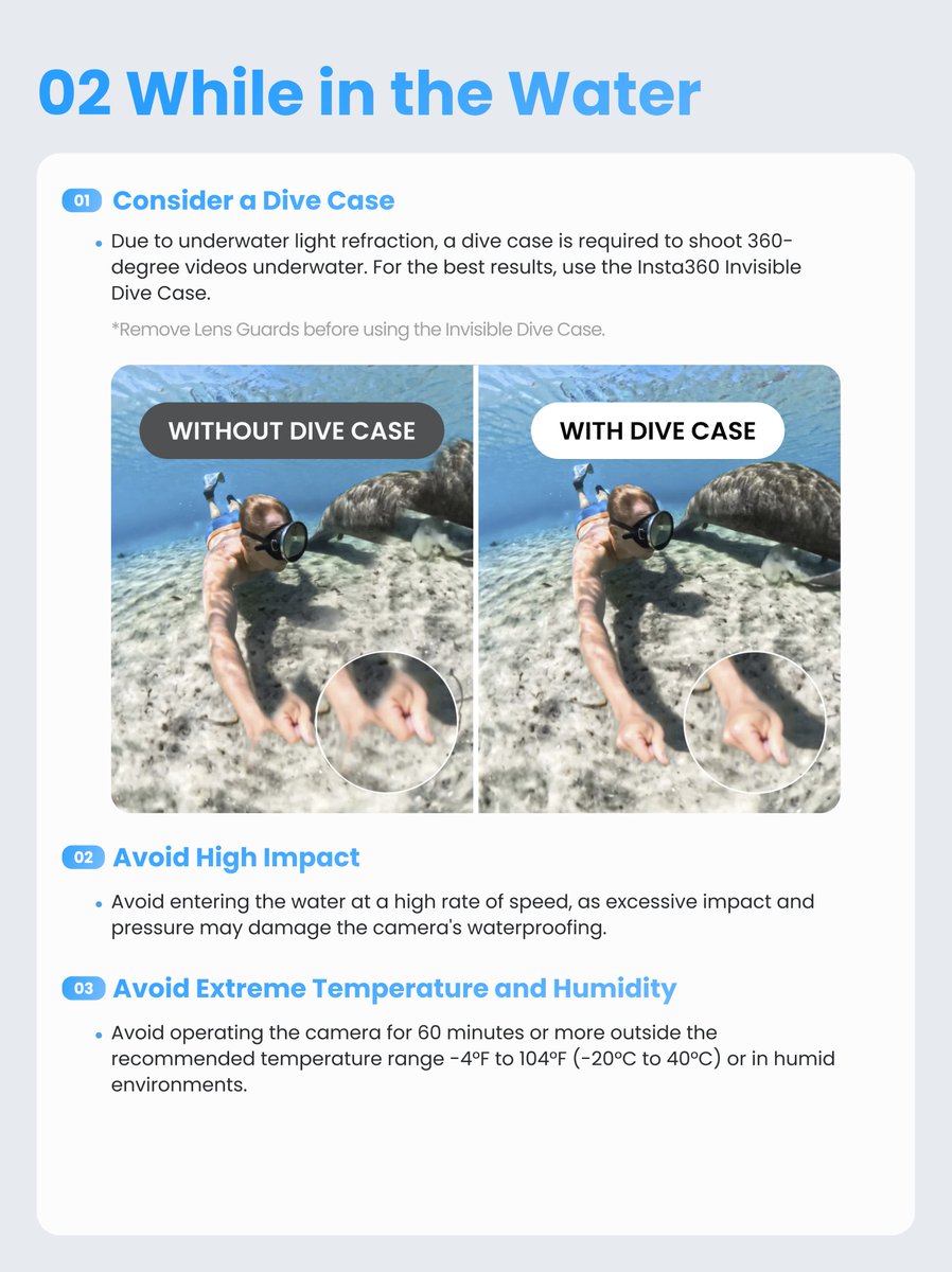 Insta360service's tweet photo. Summer means one thing — it's time to get in the water! Whether you're diving, swimming, or catching waves, your Insta360 is ready to come along. Just make sure everything is set up properly before you shoot, so your camera stays safe and your footage stays clean.

Here's everything you need to know 🌊