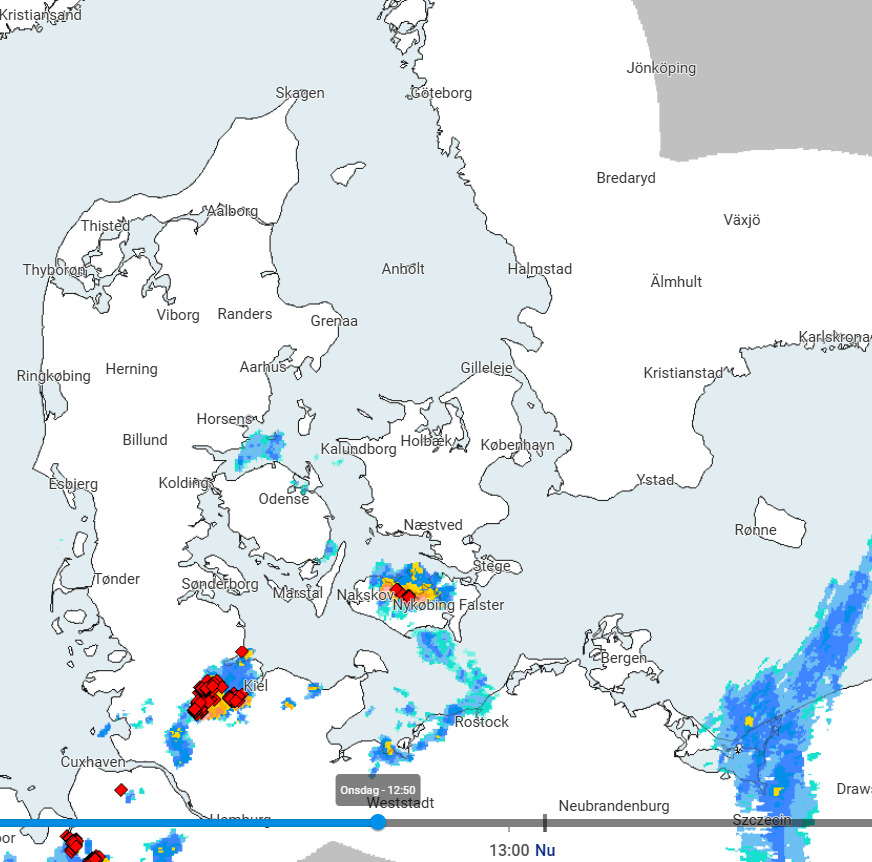 Starke Gewitter über Lolland und Falster – Starkregen möglich