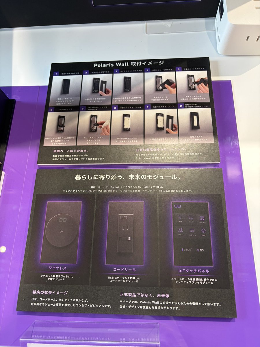 JournalApple's tweet photo. 新製品はPolaris WALL CONCEPTが面白かった！
壁に埋め込むコンセントを自由にカスタムできるモジュール型のデバイス。

最初は工事が必要だけど、モジュールの交換は工事不要でできるみたい
個人宅よりはホテルやカフェなどを想定したデバイスっぽいけど、自宅に導入したい！ https://t.co/AH3Cxi8ebv