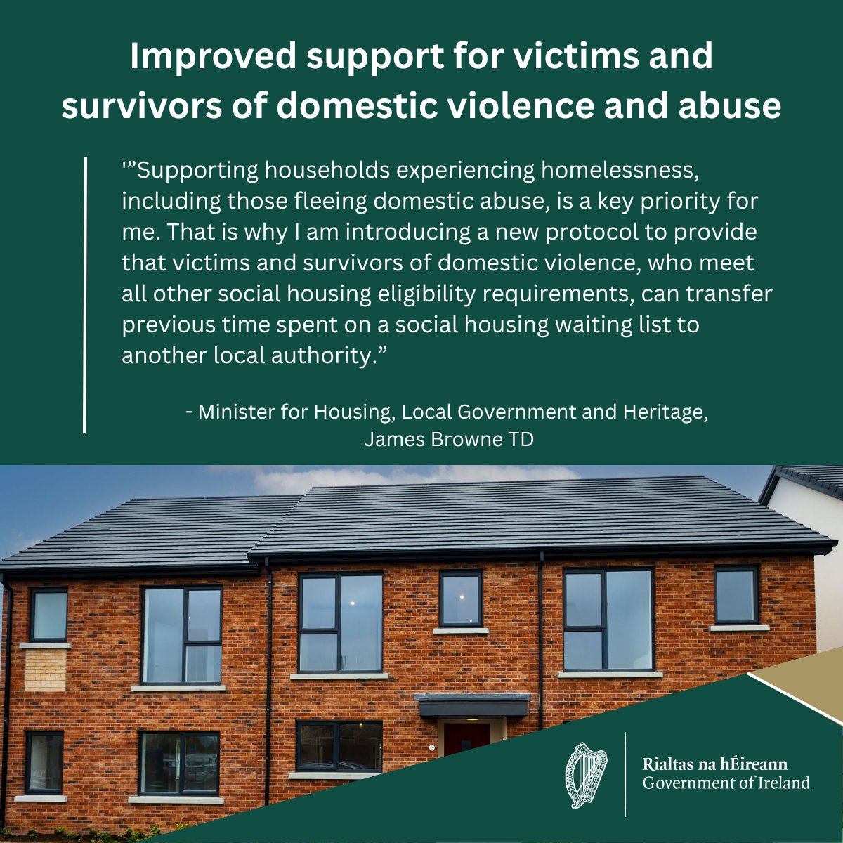 DeptHousingIRL's tweet photo. Minister @JamesBrowneTD has now introduced new protocols to support victims and survivors of domestic abuse who need to relocate. 

Read more: https://t.co/spXE7Fnc8c https://t.co/fuMANz1je2