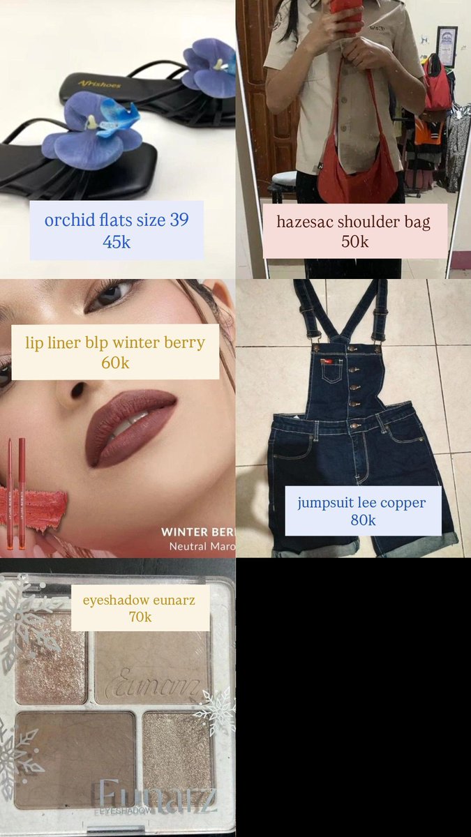 laaaufey's tweet photo. yang di jual semuanya masi bagus bagus yaa guys, lip liner used twice, shoulder bag never worn, eyeshadow used once!! 🥰 https://t.co/F967lWWf0s