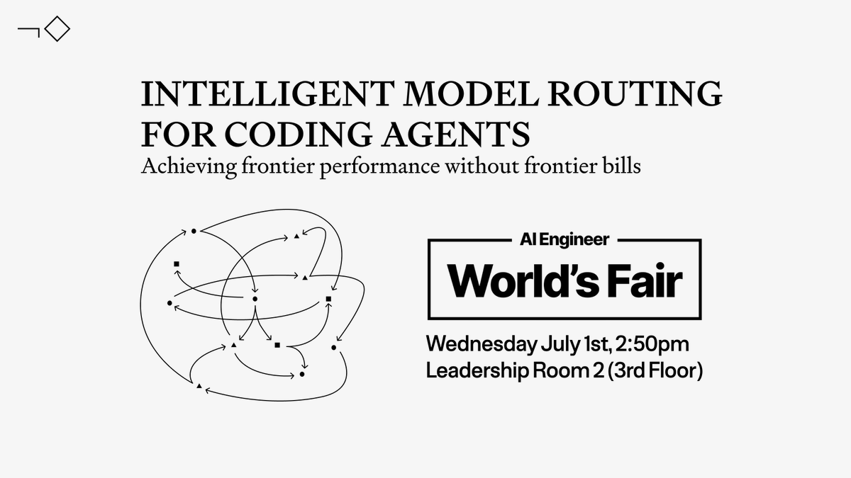 tomas_hk's tweet photo. I'm giving a talk today about intelligent model routing at @aiDotEngineer World's Fair at 2:50pm.

I'll cover various model routing techniques and the specific approach we use at Not Diamond to achieve 30%+ savings on coding agents with no loss in quality. Come check it out! https://t.co/B97stxyRc6