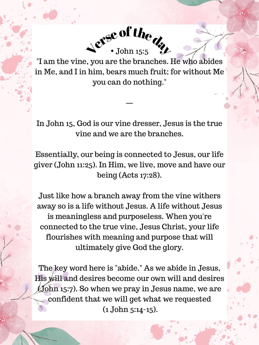 Jacky_Ak's tweet photo. In John 15, God is our vine dresser, Jesus is the true vine and we are the branches.

Essentially, our being is connected to Jesus, our life giver (John 11:25). In Him, we live, move and have our being (Acts 17:28).

A life without Jesus is meaningless and purposeless. https://t.co/NIPy9C0YFm