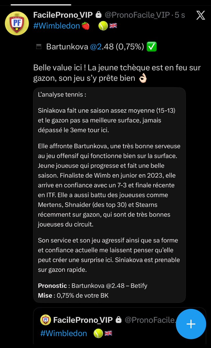 FacileProno's tweet photo. Bartunkova @2.48 le régal 🔥

Son jeu est tellement efficace sur gazon 🌿

Les prochains sont sur https://t.co/yXM6X9Fh57 et accès gratuit via inscription Betify/Unibet… sur mon lien ✌🏻 https://t.co/9q8ddDTlHg