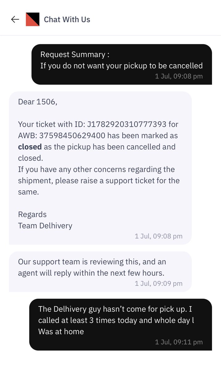 KeyuriJJ's tweet photo. @help_delhivery Please check. Some scam is happening here. I coordinated 3 times with Delhivery agent - 07411869409 and he didn’t come inspite of confirming that he is picking up by evening and it gets cancelled https://t.co/dcTEBxx20l