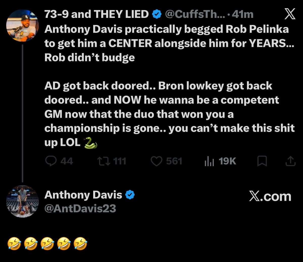 LakeShowYo's tweet photo. Anthony Davis taking shots at Pelinka 😭😭😭 https://t.co/GJ3irGGUyQ