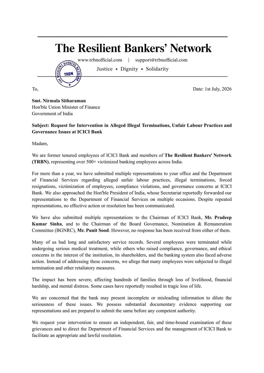 TRBN_Official's tweet photo. We have written to Hon'ble Union Finance Minister Smt. @nsitharaman jii seeking urgent intervention into alleged illegal terminations and unfair labour practices at @ICICIBank.

Justice cannot wait. Hundreds of affected banking employees deserve an independent inquiry. https://t.co/tmB04uwetT