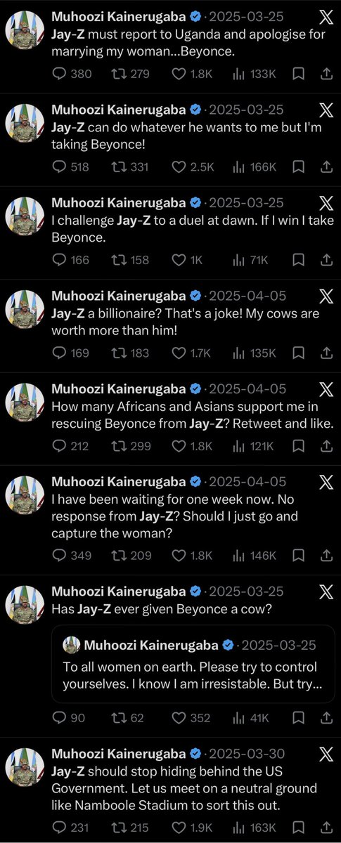 1Dontaco's tweet photo. So the chief of Uganda's defence force wants to fight Jay Z in a duel and kidnap Beyoncé...... https://t.co/Uga7JBeSU2