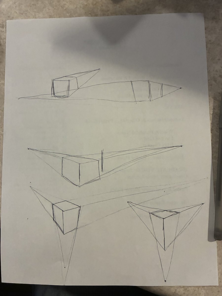 Joey_da_bean's tweet photo. I’ve been relearning point perspective, and I wanted to share some little sketches I made to test it. By no means are these finish pieces or meant to be finished, but either way I’m really proud of them because it feels like I’m making progress. My favorite is 3 point btw ^w^ https://t.co/UskDPyj1dM