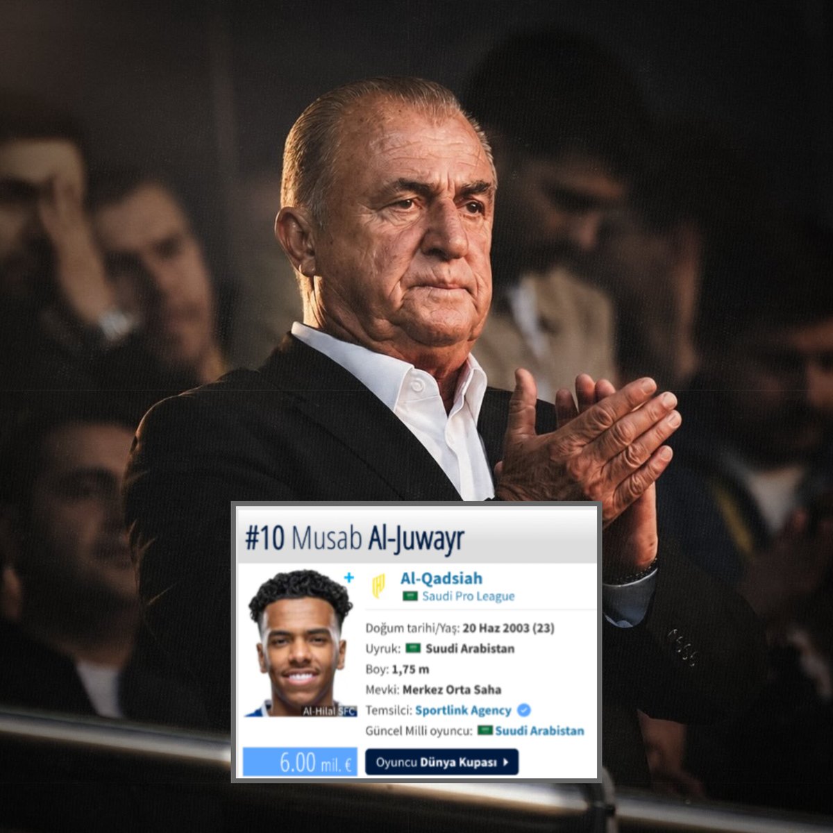 forzacimbom's tweet photo. Fatih Terim: "Suudi oyuncular arasında favori oyuncum Musab Al-Juwayr'dir. Yetenek açısından Asya dışındaki akranlarına kıyasla hiçbir eksiği yok; eğer taktiksel disiplinini ve saha içindeki tarzını geliştirirse, çok daha yüksek bir seviyeye ulaşma gücüne sahiptir" (Al-Riyadiya) https://t.co/AqAZ873aCy