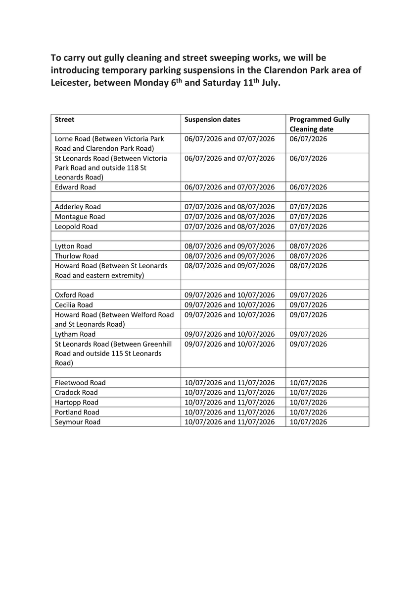 ClarryPark's tweet photo. CLARENDON PARK - PARKING SUSPENSIONS
Reminder: @Leicester_News will be carrying out gully cleaning & street sweeping in CP from Mon 6th to Sat 11th July.
See pics for:
1⃣ roads affected
2⃣ scheduled closures
3⃣ roads to be completed in July without parking suspensions
#FCP https://t.co/pbavpFO78O