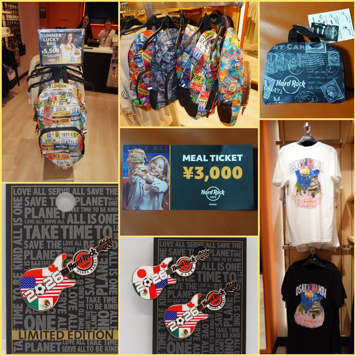 HRCpins's tweet photo. ハードロックカフェのSUMMER LUCKY BAG
(¥5500 各店100個限定？)
販売初日に購入！

●ロゴTシャツかシティTシャツ(¥4620)どちらか1枚
●5色から選べるミニバックパック(¥？)
●日本では非売品の2026サッカーピン(海外専用デザイン$20)
●3千円のミールクーポン(5千円以上利用時のみ/8月から利用可) https://t.co/BTPYjxO6Z3