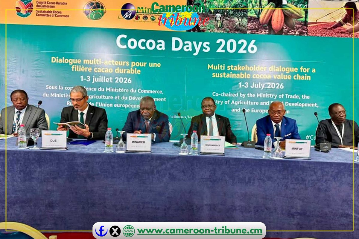 CamerounTribune's tweet photo. Filière cacao : comment s’arrimer aux nouvelles exigences mondiales ?
Lancement ce 1er juillet à l’hôtel Mont Fébé de Yaoundé de la première édition des Journées de dialogue multi-acteurs pour un cacao durable au Cameroun, sous la présidence du ministre du Commerce. #CocoaDays https://t.co/QnRAB7jMXL