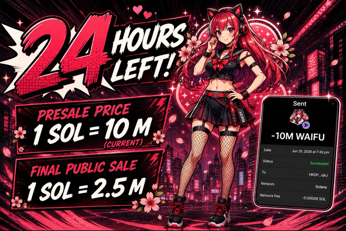 WaifuXSolana's tweet photo. 24 Hours Left, Clock is ticking
Buy $WAIFU on https://t.co/F9nWhNCYJS

Or Buy On X
Send between 0.2 SOL and 10 SOL to:
FXthzgW3t8TgBbXdt3LxBA744kH416GGLpdbNHTfrNhD

1 $SOL = 10M $WAIFU (Current Presales)
Goes up in Public sales
  
Retweet &amp; Drop Sol Address for 500,000 $WAIFU https://t.co/m7ncQ3htG9