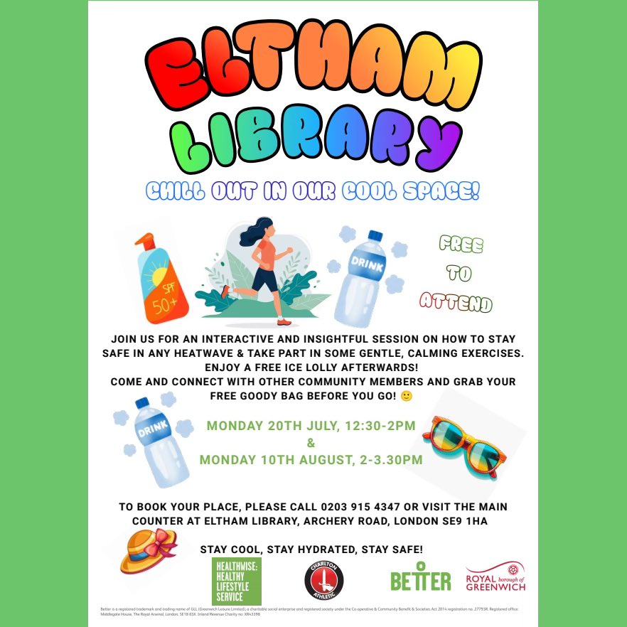 ElthamLibrary's tweet photo. Join us at #ElthamLibrary for an interactive and insightful session on how to stay safe in any heatwave and take part in gentle, cooling exercises. Book your place at the library desk on either Monday 20 July at 12.30-2pm or Monday 10 August at 2-3.30pm 📚 https://t.co/t7PO1I8bI9