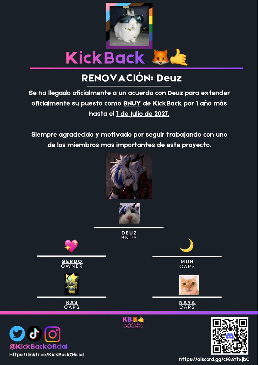 KickBackOficial's tweet photo. @/deuz_dark RENUEVA OFICIALMENTE COMO STAFF DE #KickBack🦊🤙 HASTA 2027

#furry #furrycommunity #Discord