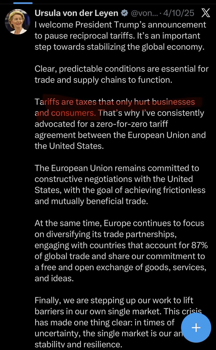 Dawith_'s tweet photo. @vonderleyen Ursula von der Leyen April 10th 2025:
“Tariffs are taxes that only hurt business and consumers” https://t.co/WxrfF8R55v