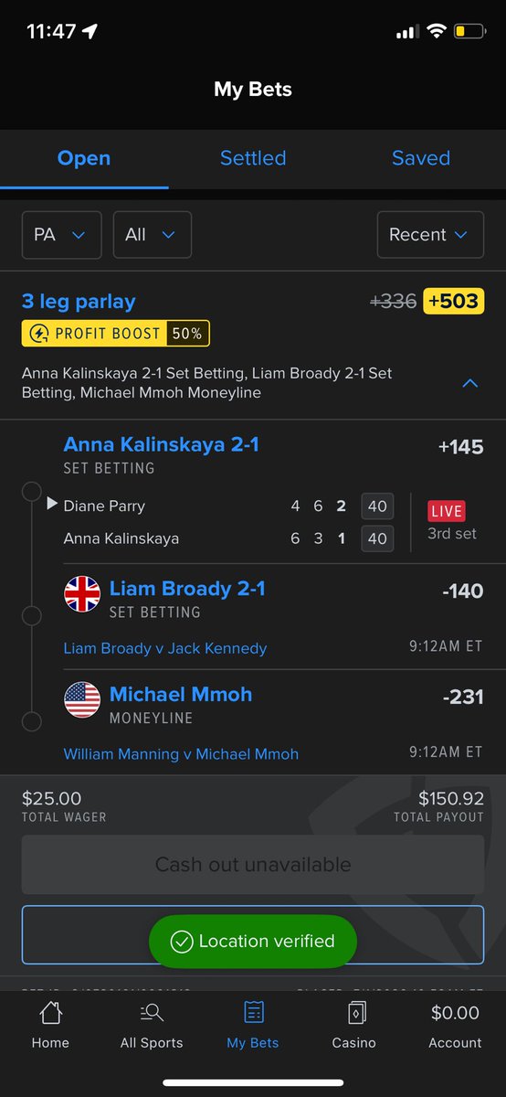 fmftil's tweet photo. First day back betting &amp; Diane Parry starts cooking. Liam Broady &amp; Michael Mmoh matches just got suspended so no cashout available. Retired again, idc if it’s only $25. Ts not worth it https://t.co/mHVoxN0tno