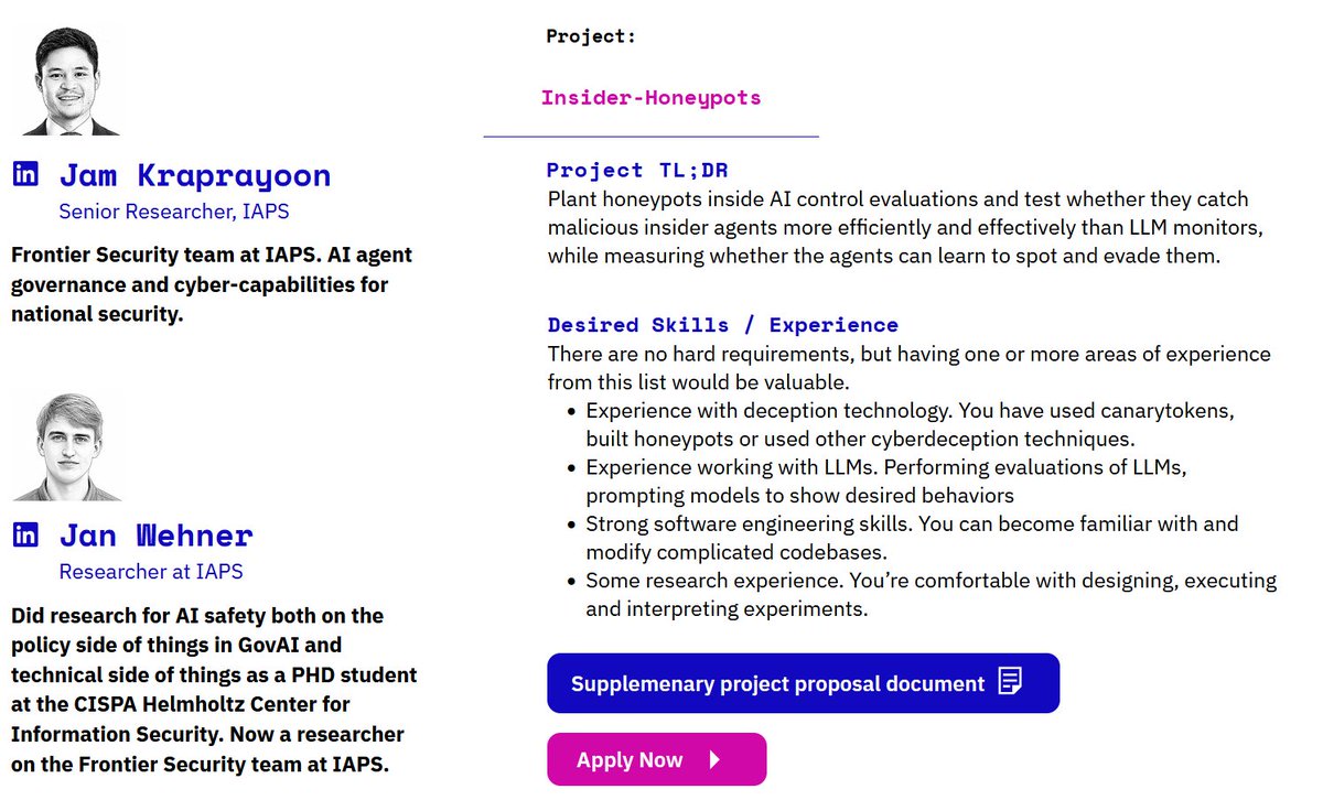 jan__wehner's tweet photo. I'll be co-mentoring a project in the Heron AI fellowship - a 3-month project for cybersecurity professionals to transition to AI security &amp; safety. In our project, we'll build and evaluate honeypots that catch and incriminate malicious internal agents. https://t.co/fnh4eVdMlk