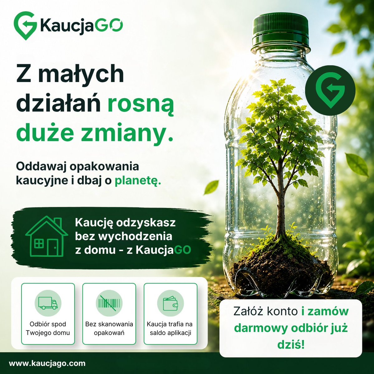 KaucjaGO's tweet photo. Z małych działań rosną duże zmiany. ♻️

Oddawaj opakowania kaucyjne i odzyskuj kaucję bez wychodzenia z domu.

Z KaucjaGO:
✅ zgłaszasz odbiór w aplikacji
✅ kurier odbiera spod adresu
✅ kaucja trafia na saldo
Pierwszy odbiór jest darmowy.
https://t.co/FBkC12OqYi
#KaucjaGO #recykling #systemkaucyjny #kaucja