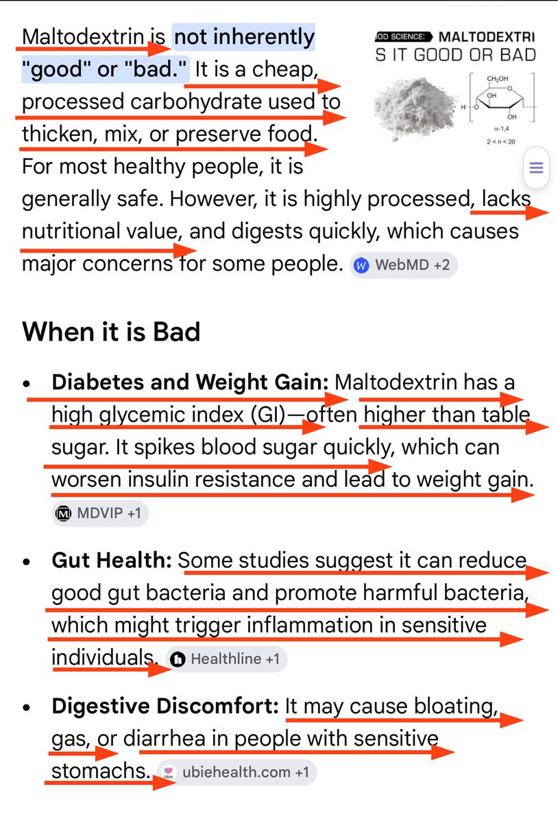 ThreeCedar's tweet photo. @dr_ericberg Maltodextrin has a high glycemic index (GI) higher than table sugar. It spikes blood sugar quickly, which lead to weight gain.
Gut Health: Some studies suggest it can reduce good gut bacteria and promote harmful bacteria, which might trigger inflammation in sensitive individuals. https://t.co/h3FbflhV6m