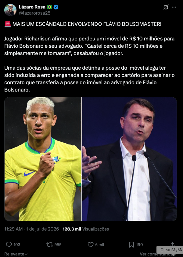 ariini_vnt's tweet photo. 🚨FAKE NEWS DAS BRABAS. Lazaro diz textualmente que o jogador perdeu o imóvel "para Flávio Bolsonaro e seu advogado". Isso é 100% mentira. O Flávio não tomou a casa, não é sócio da empresa que disputa o imóvel, não é réu no processo e não tem nada a ver com a transação. https://t.co/17jeYkGfWO