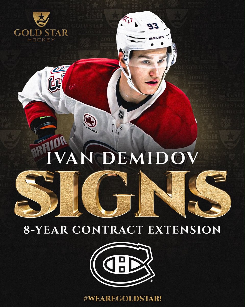 HockeyAgent1's tweet photo. Ivan Demidov. 9 seasons. Montreal Canadiens.

He is staying. Ivan Demidov has agreed to terms on an 8-year extension at $9.125M AAV. #GoHabsGo #WeAreGoldStar! https://t.co/Ayny7y7JYR