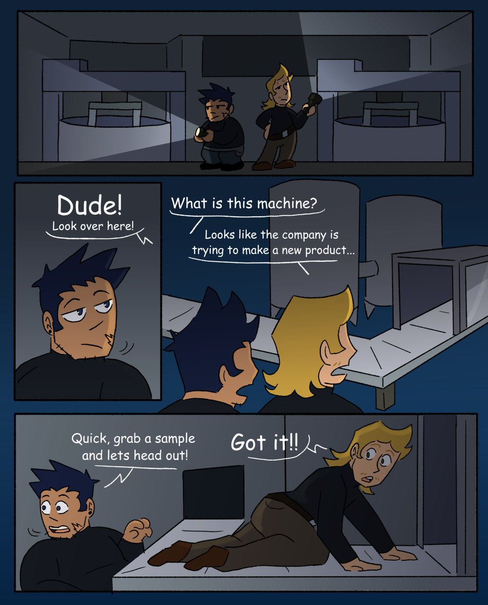 Jet_pufnstuf's tweet photo. Blue Handed: Panels 1-2 

Happy Juicy July guys💙!! Let’s start it off right with a comic YAYY! Recap from my last post but this comic follows two crooks sneaking into a facility to investigate the secrets behind their blueberry products👀🫐. https://t.co/swM4zknbEJ