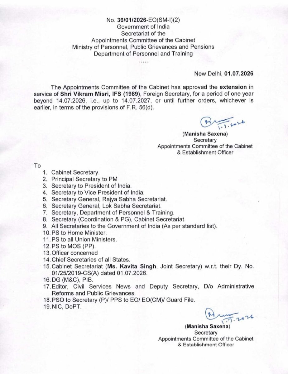 airnewsalerts's tweet photo. Government extends Foreign Secretary #VikramMisri’s tenure by one year, till 14th July 2027.
