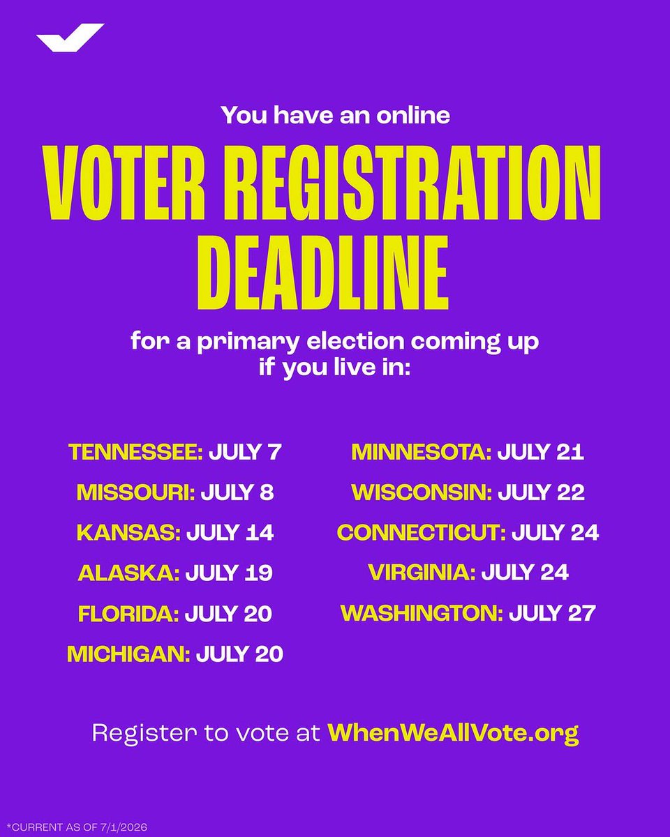 LoniLove's tweet photo. If your state is listed, you have an online voter registration deadline for a statewide primary election coming up SOON. 👀 Take three minutes to check your voter registration right now @whenweallvote  #ambassadorLoni https://t.co/GCBIG8J1zO