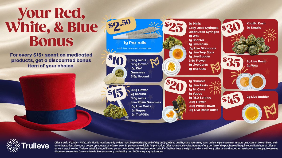 Trulieve's tweet photo. Freedom to save hits early 🎆
Get in, stock up, celebrate big 🔥

Don’t miss out: https://t.co/CZEh2F2ecs https://t.co/4TuW7L8yil