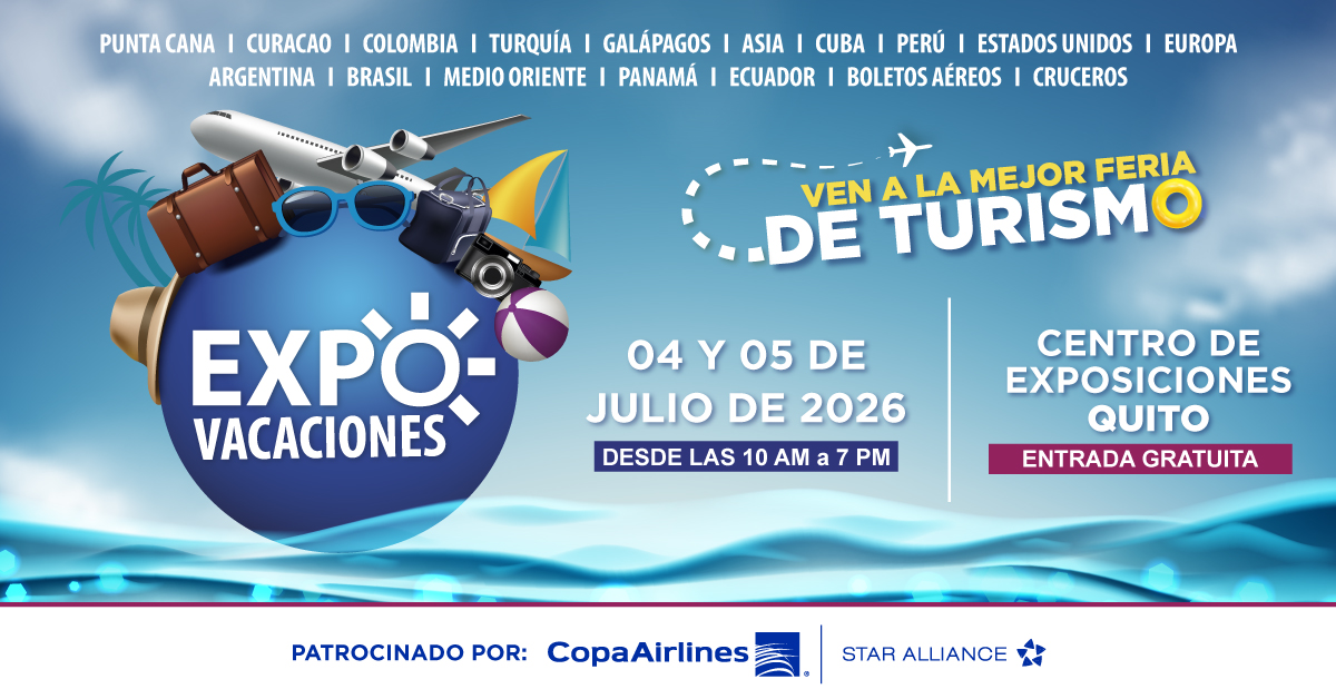 solcaribe's tweet photo. Expovacaciones, la mejor feria de turismo del año espera por ti.

Te esperamos en EXPOVACACIONES, este 4 y 5 de julio en el Centro de Exposiciones Quito de 10h00 a 19h00.

📲098 1137 460
🖱https://t.co/UEqsq2eEOT

#Expovacaciones https://t.co/ug82QN9RLD