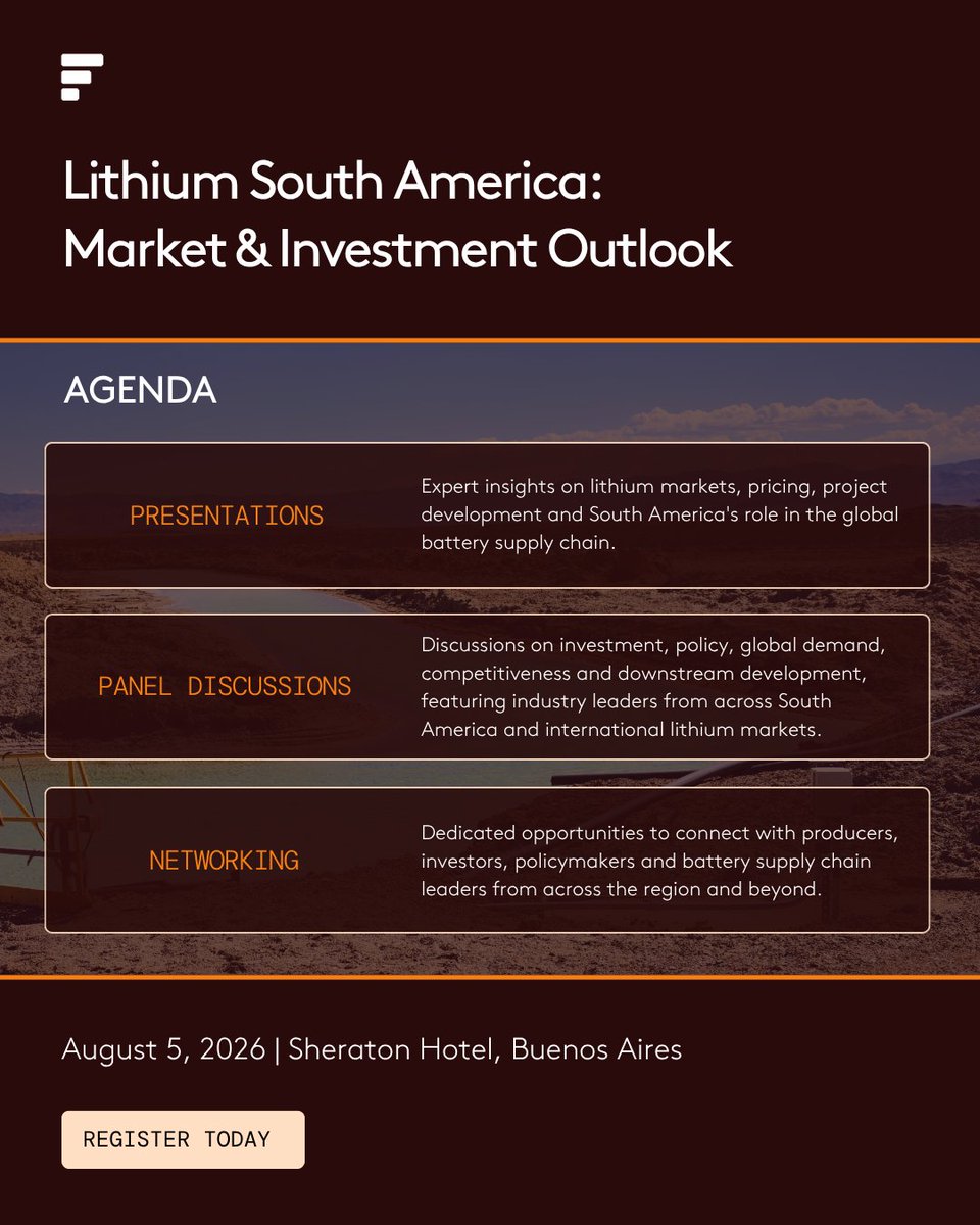 FastmarketsMM's tweet photo. 📣 We're pleased to share the preliminary agenda for the @Fastmarkets Lithium South America: Market &amp; Investment Outlook, taking place this Agust. 

See more here: https://t.co/s3rBQACVLh
 
#Lithium #CriticalMinerals #LithiumTriangle #SouthAmerica #MiningInvestment #Fastmarkets https://t.co/kjWSRpdI4D
