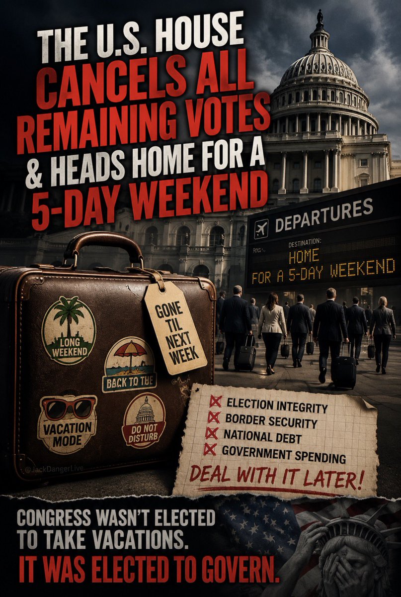 JackDangerLIVE's tweet photo. 🙄 Breaking: The U.S. House Cancels All Remaining Votes & Heads Home for a 5-day Weekend

The House has reportedly canceled votes for the rest of the week and sent lawmakers home while debate over the SAVE America Act continues.

The American people don’t get to hit “pause” on paying bills, going to work, or dealing with the problems facing this country.

Yet Congress has developed a reputation for recesses, district work periods, and lengthy breaks while major issues remain unresolved.

Whether it’s election integrity, the border, the national debt, or government spending, Americans keep hearing that these issues are “urgent”, until it’s time to actually stay in Washington and do the job.

Millions of Americans work 40, 50, even 60 hours a week with little time off. They expect the people they elected to show the same commitment.

If lawmakers believe an issue is important enough to dominate headlines, then it should be important enough to keep them in session until the work is finished.

Congress wasn’t elected to take vacations. It was elected to govern.

Do you think Congress spends too much time away from Washington, or are these breaks justified? 🇺🇸👇