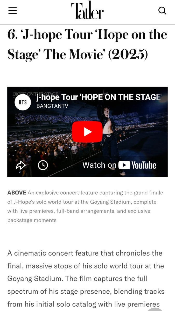 hoseokiepedia's tweet photo. Tatler Asia featured j-hope's documentaries and docuseries, writing about HOPE ON THE STAGE THE MOVIE:
"The film captures the full spectrum of his stage presence, blending tracks from his initial solo catalog with live premieres of new material. Beyond the explosive stage routines, the documentary includes exclusive behind-the-scenes footage and special guest appearances by fellow artists, serving as a definitive record of his touring capabilities."

About j-hope IN THE BOX, Tatler Asia wrote:
"The cameras capture his meticulous nature as he steps out as the first BTS member to release a standalone album, managing everything from the star-studded album listening party to the logistics of his live backing band. The climax focuses on the immense pressure surrounding his historic headlining performance at Lollapalooza, exposing his artistic doubts and physical exhaustion."

Source: https://t.co/dwXPlW2lRS