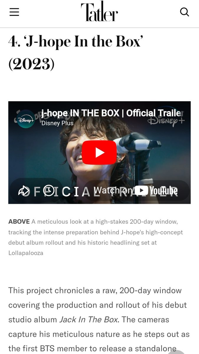 hoseokiepedia's tweet photo. Tatler Asia featured j-hope's documentaries and docuseries, writing about HOPE ON THE STAGE THE MOVIE:
"The film captures the full spectrum of his stage presence, blending tracks from his initial solo catalog with live premieres of new material. Beyond the explosive stage routines, the documentary includes exclusive behind-the-scenes footage and special guest appearances by fellow artists, serving as a definitive record of his touring capabilities."

About j-hope IN THE BOX, Tatler Asia wrote:
"The cameras capture his meticulous nature as he steps out as the first BTS member to release a standalone album, managing everything from the star-studded album listening party to the logistics of his live backing band. The climax focuses on the immense pressure surrounding his historic headlining performance at Lollapalooza, exposing his artistic doubts and physical exhaustion."

Source: https://t.co/dwXPlW2lRS