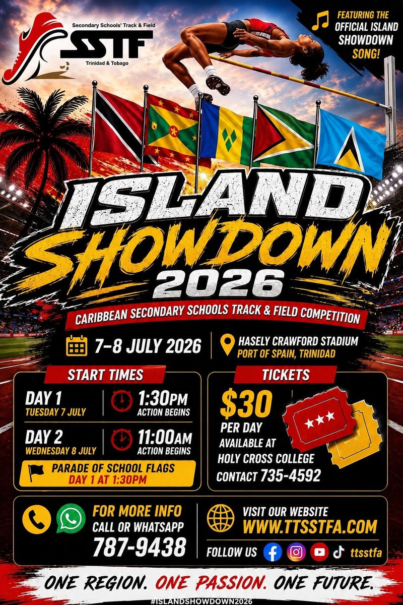 dernrod's tweet photo. Event Details:
•Dates: 7–8 July 2026
•Venue: Hasely Crawford Stadium, Port of Spain, Trinidad
•Action Begins: 1:30 PM (Day 1) and 11:00 AM (Day 2)
•Tickets: $30 per day available at Holy Cross College. Contact 735-4592. (Tickets are $50 at the door). https://t.co/s03ERNh8Kz