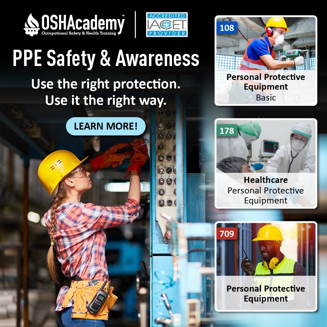 OSHAcademy's tweet photo. July is PPE Safety &amp; Awareness Month.

Follow along as we share PPE tips, training resources, and reminders to help workers stay protected.

#PPE #WorkplaceSafety #SafetyTraining https://t.co/I1RQJHP3gQ