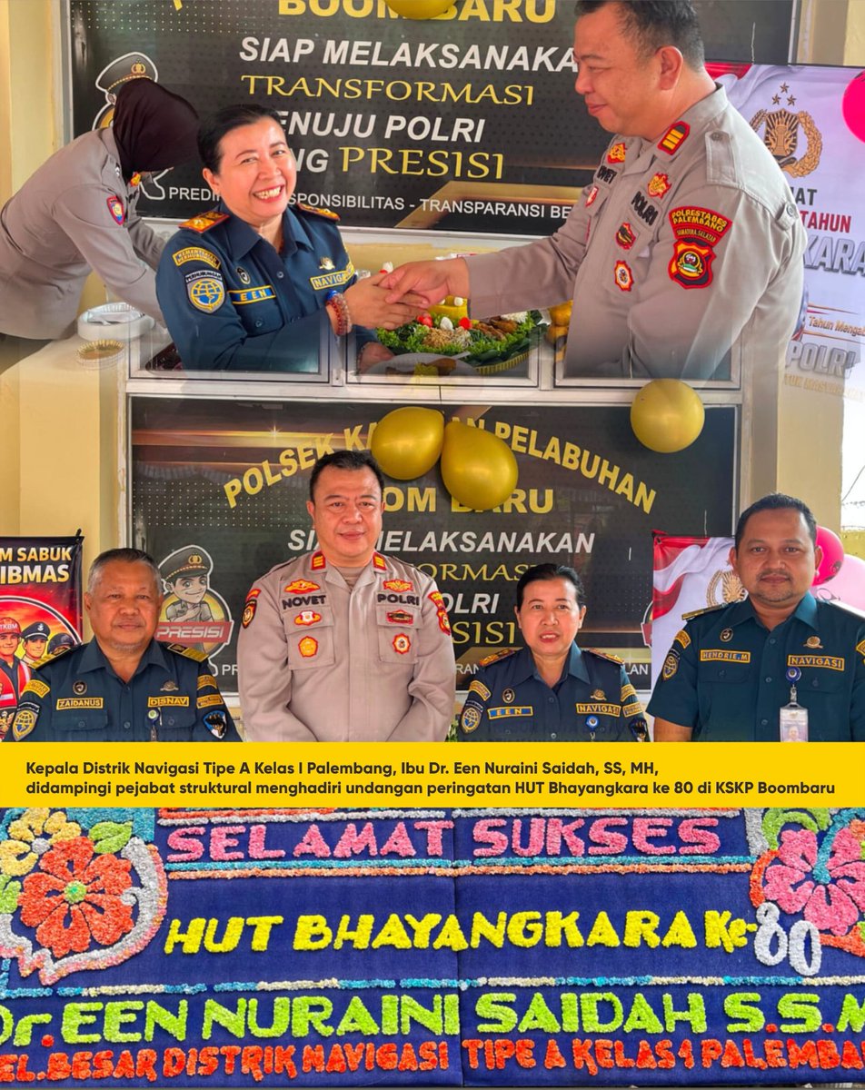 DisnavPalembang's tweet photo. Sinergi untuk Negeri! Kepala Distrik Navigasi Tipe A Kelas I Palembang, Ibu Dr. Een Nuraini Saidah, SS, MH, menghadiri peringatan HUT Bhayangkara ke-80 di KSKP Boombaru. Selamat Hari Ulang Tahun Polri, terus mengabdi dengan hati &amp; melayani dengan integritas! 🇮🇩
 #HUTBhayangkara80 https://t.co/CnpbKZ6fh8